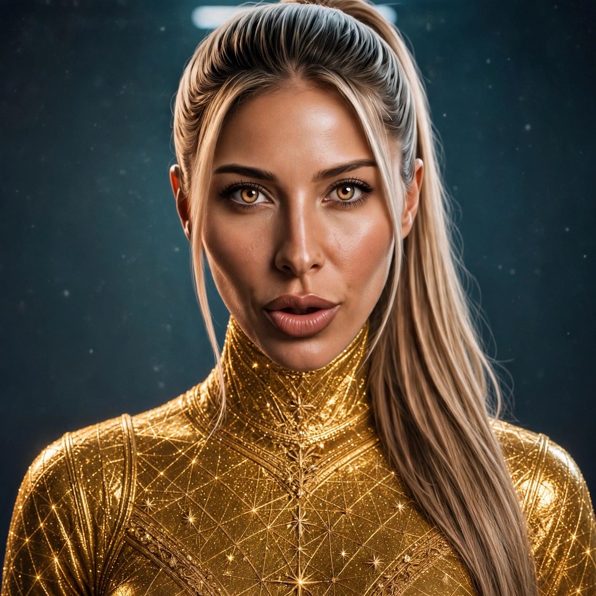 Portrait of Yamile Pittol in a gold suit