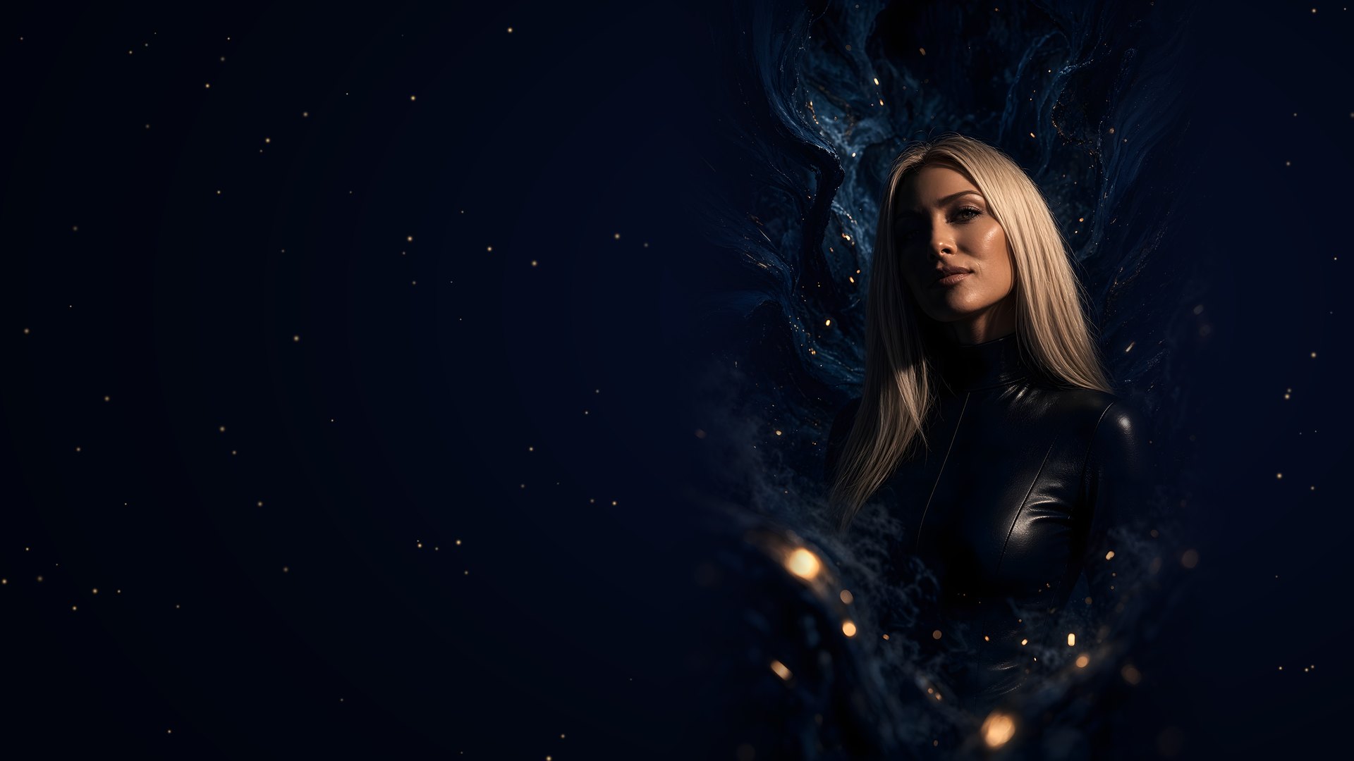 Yamile Pittol in black leather amid a dark blue cosmic swirl with golden sparks